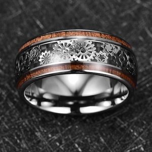 COPY - New Stainless steel woodgrain 8mm Steam punk gears ring